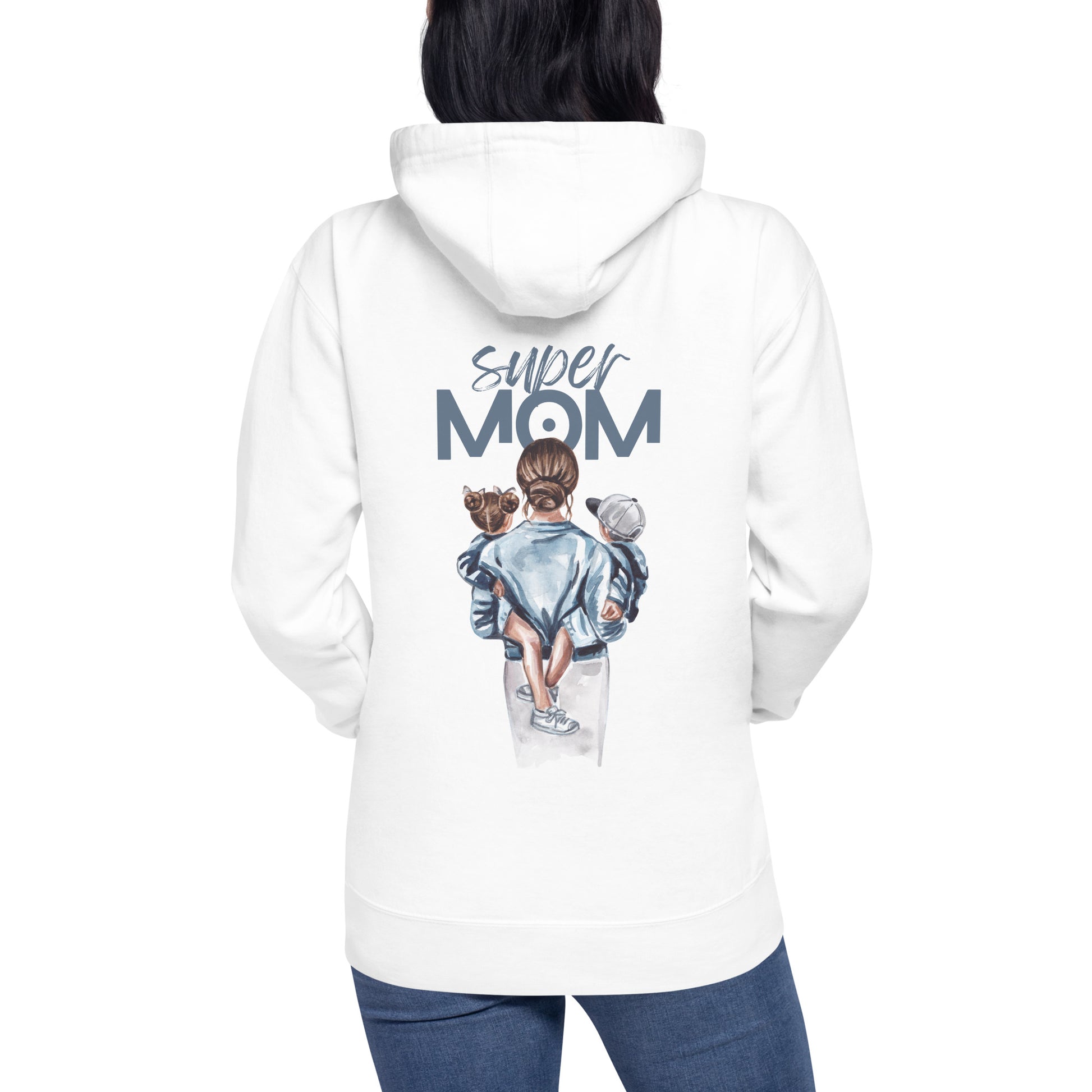 Unisex Hoodie featuring 'Super Mom' design with kids on a white background.