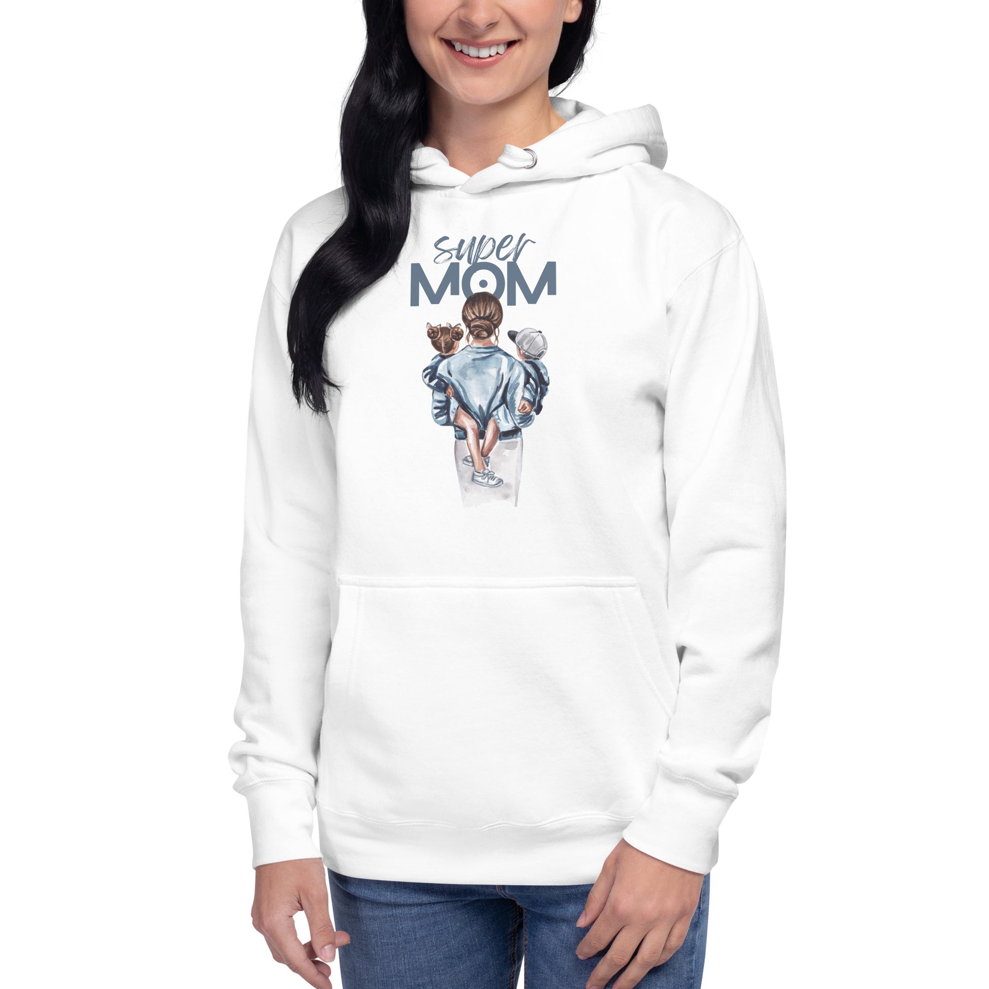 Unisex Hoodie featuring 'Super Mom' graphic design with kids on a white background for casual streetwear.