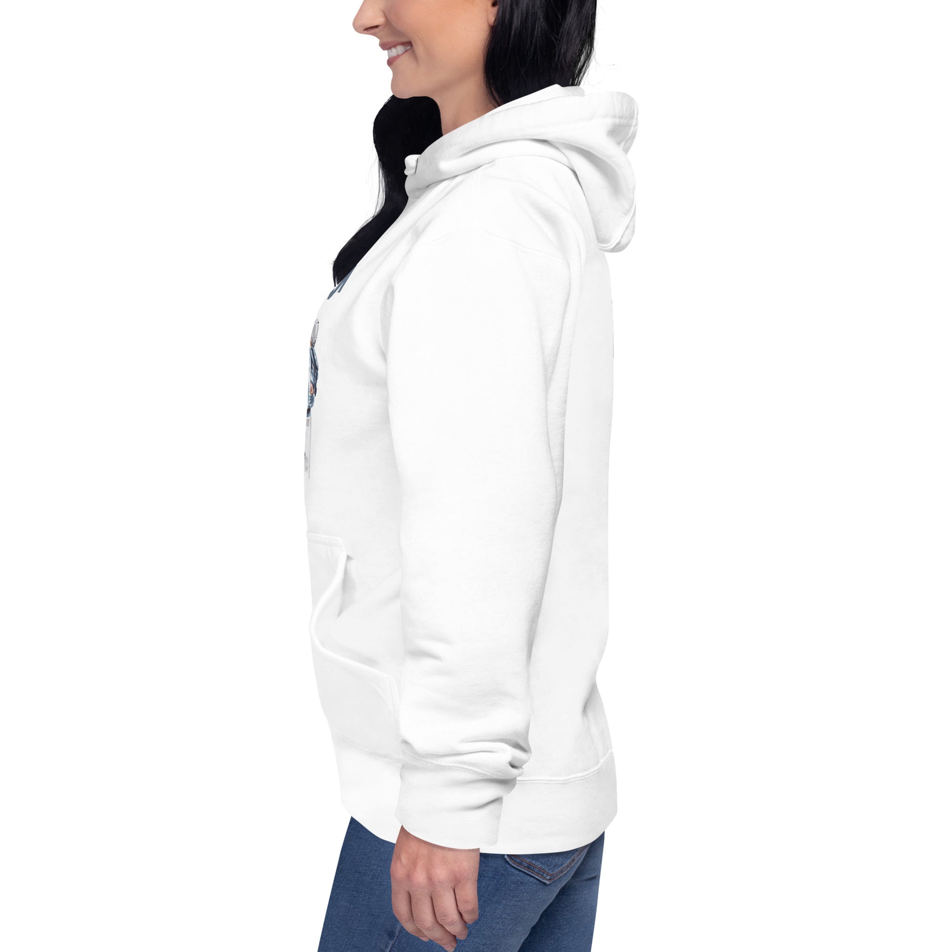 Side view of a woman wearing a Unisex Hoodie with a pouch pocket and warm hood.