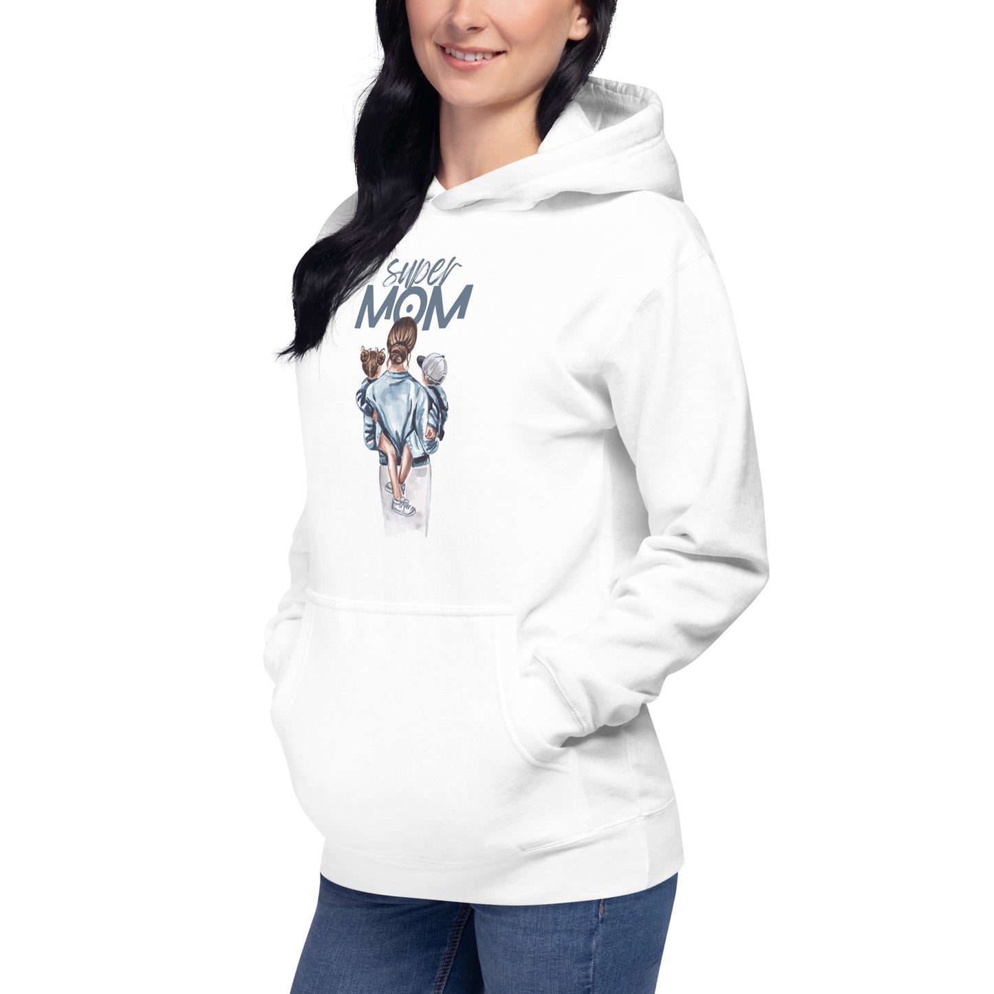 Unisex Hoodie featuring a stylish design of kids with text 'super MOM' on a white background.