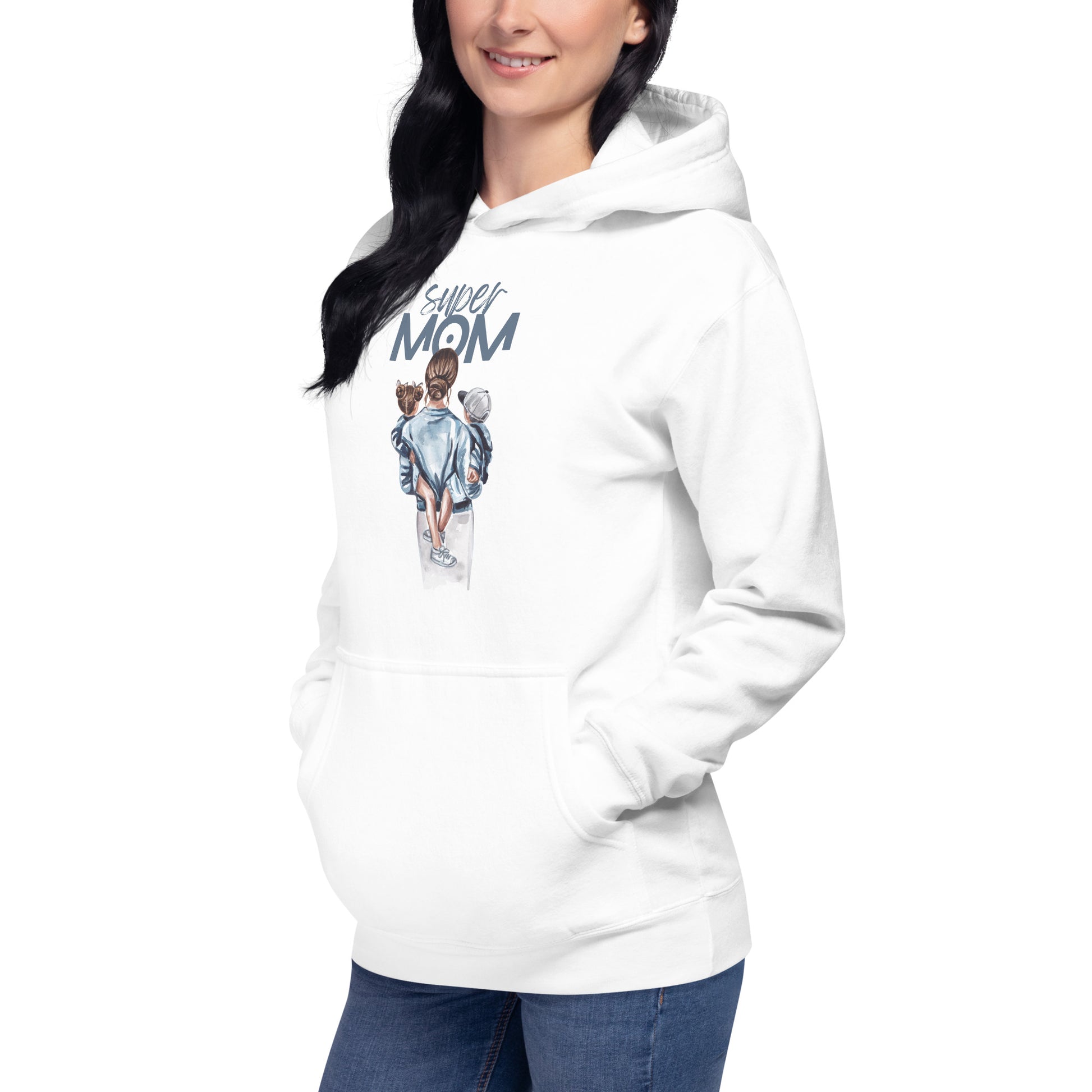 Unisex Hoodie featuring a stylish design of kids with text 'super MOM' on a white background.