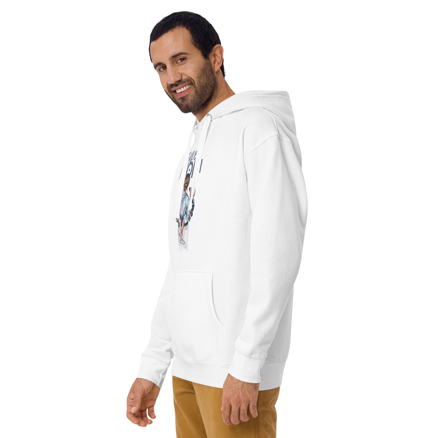 Stylish model wearing a white Unisex Hoodie with a design and front pouch pocket, perfect for cool evenings.