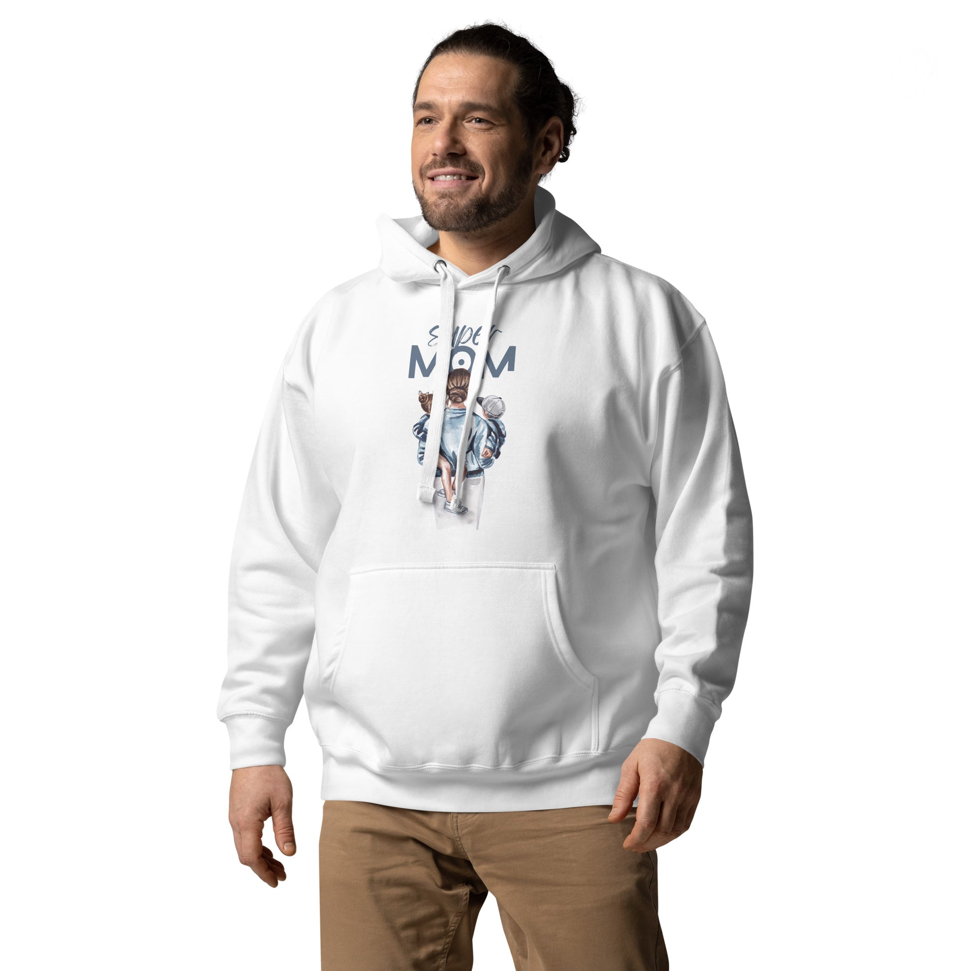 Unisex Hoodie featuring a cool design, worn by a man, with a front pouch pocket and warm hood.