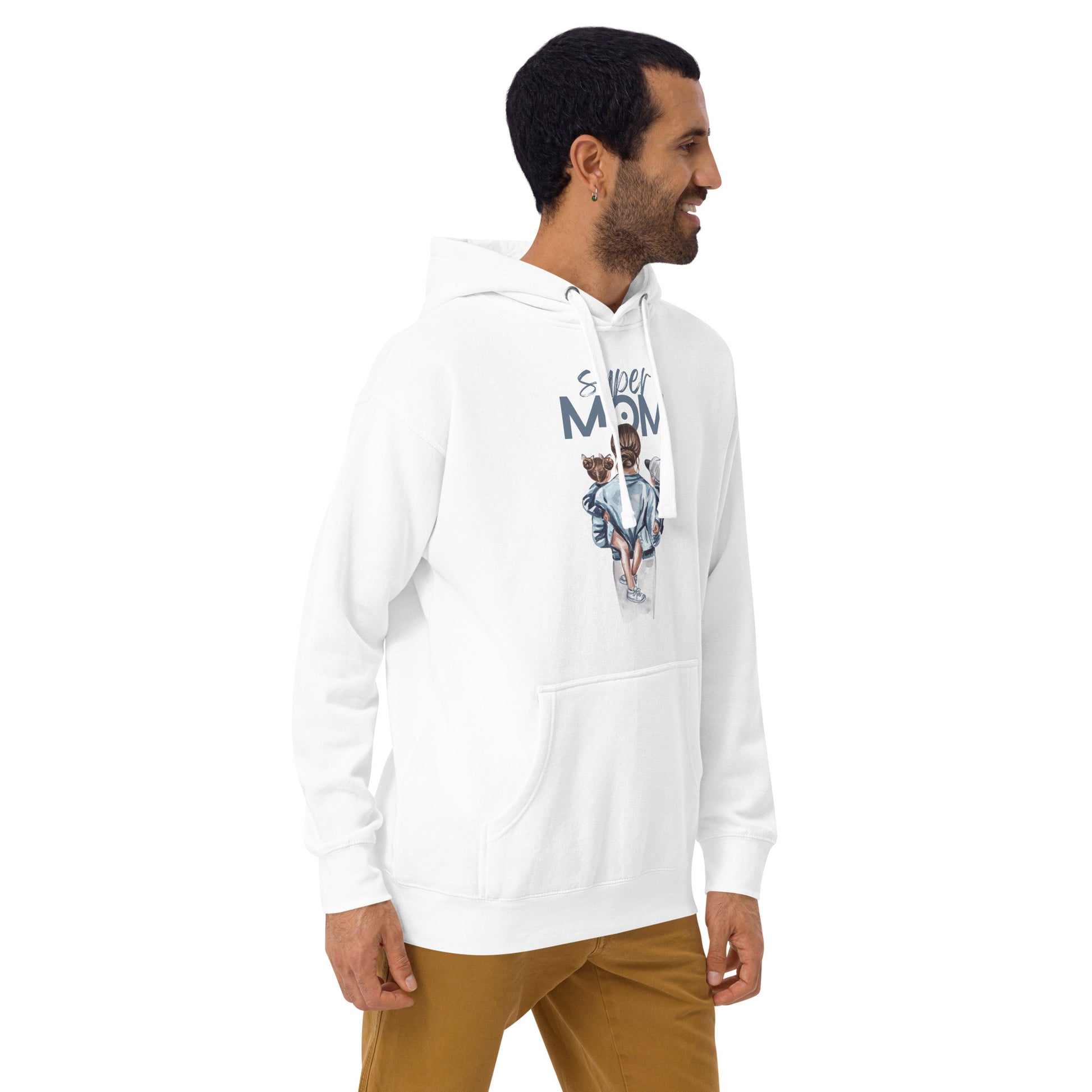 Unisex Hoodie featuring a playful design of a child with the words Super Mom on a white background.