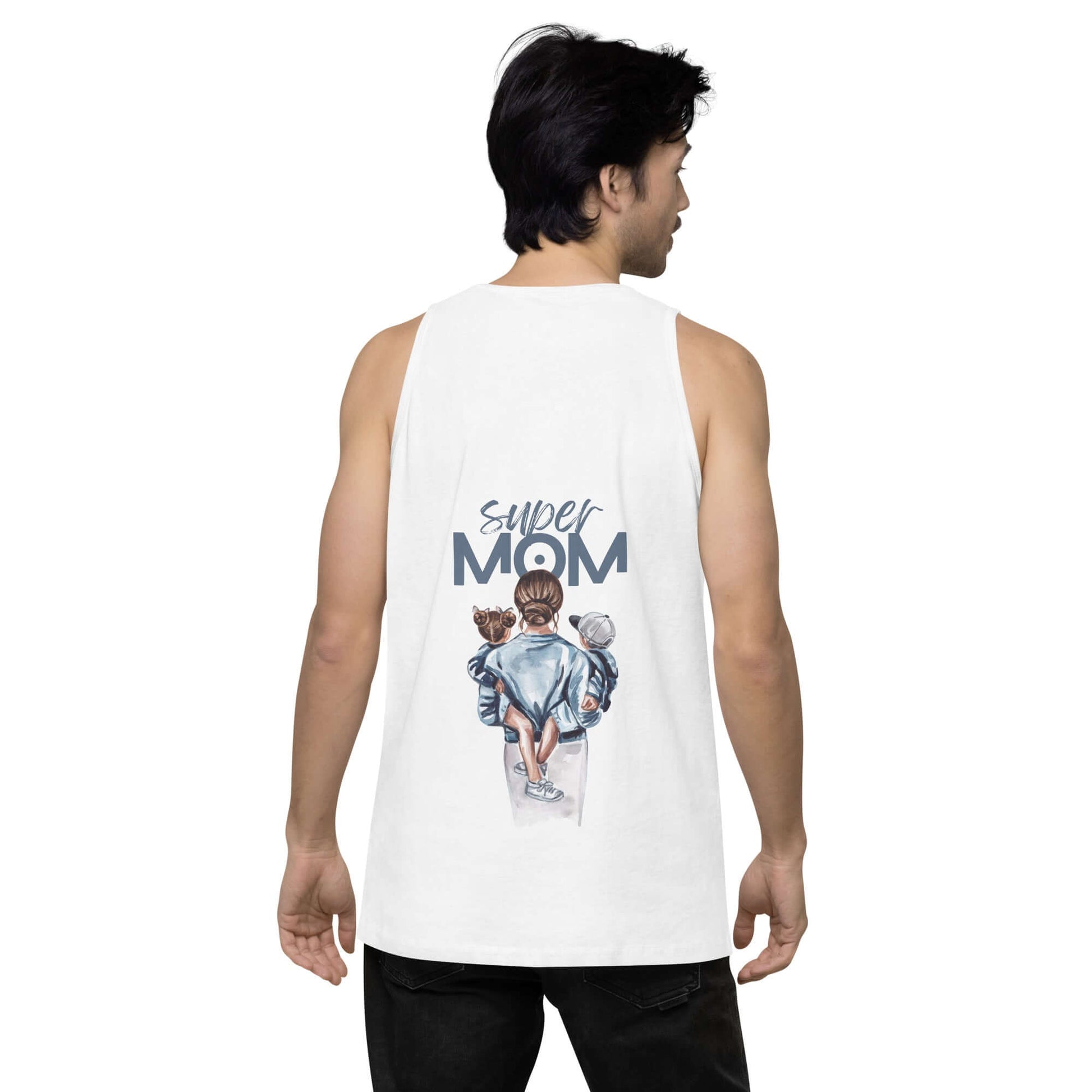 Men’s premium tank top featuring a playful 'Super Mom' graphic on the back.