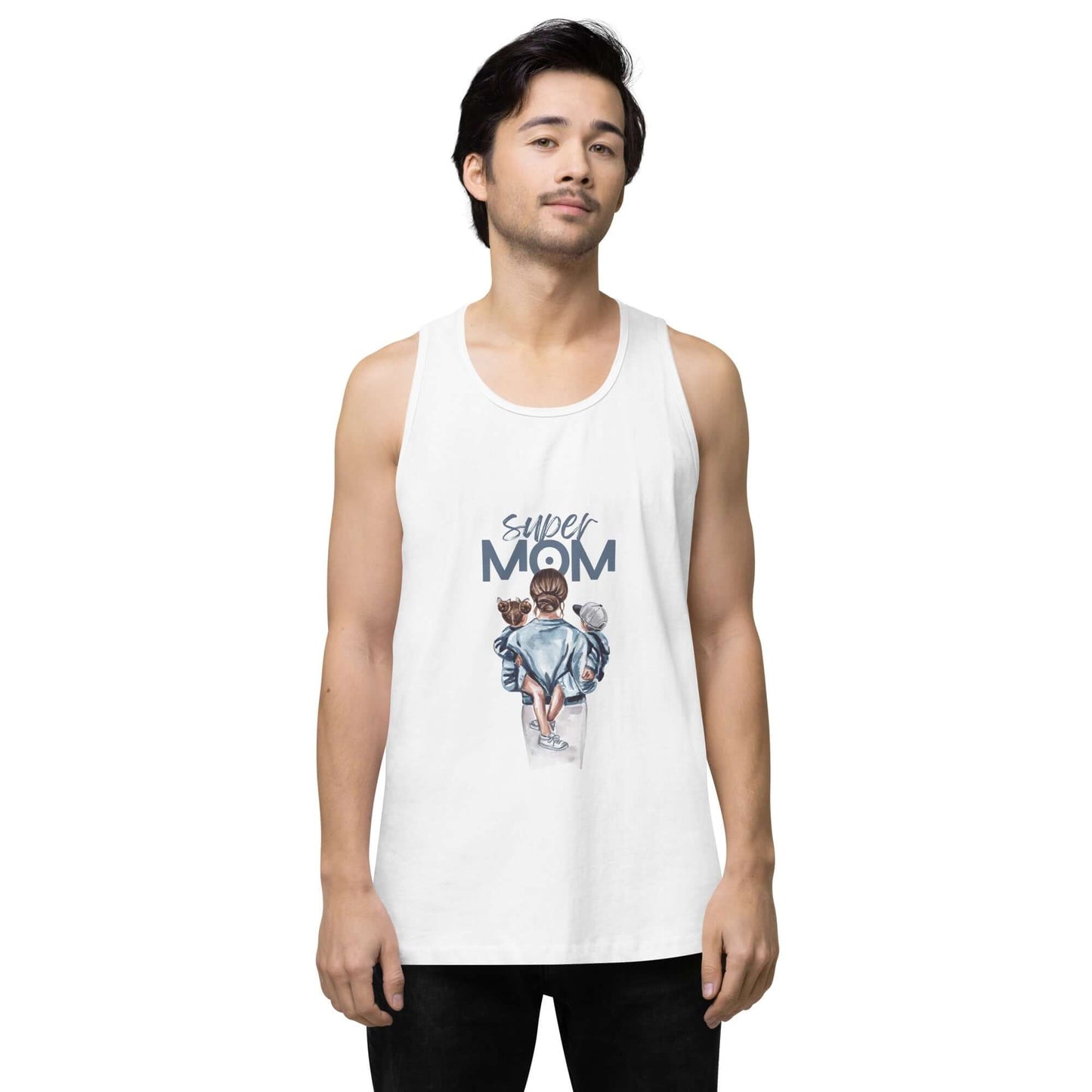 Men’s premium tank top featuring a design with 'Super Mom' and two kids, perfect for casual wear.