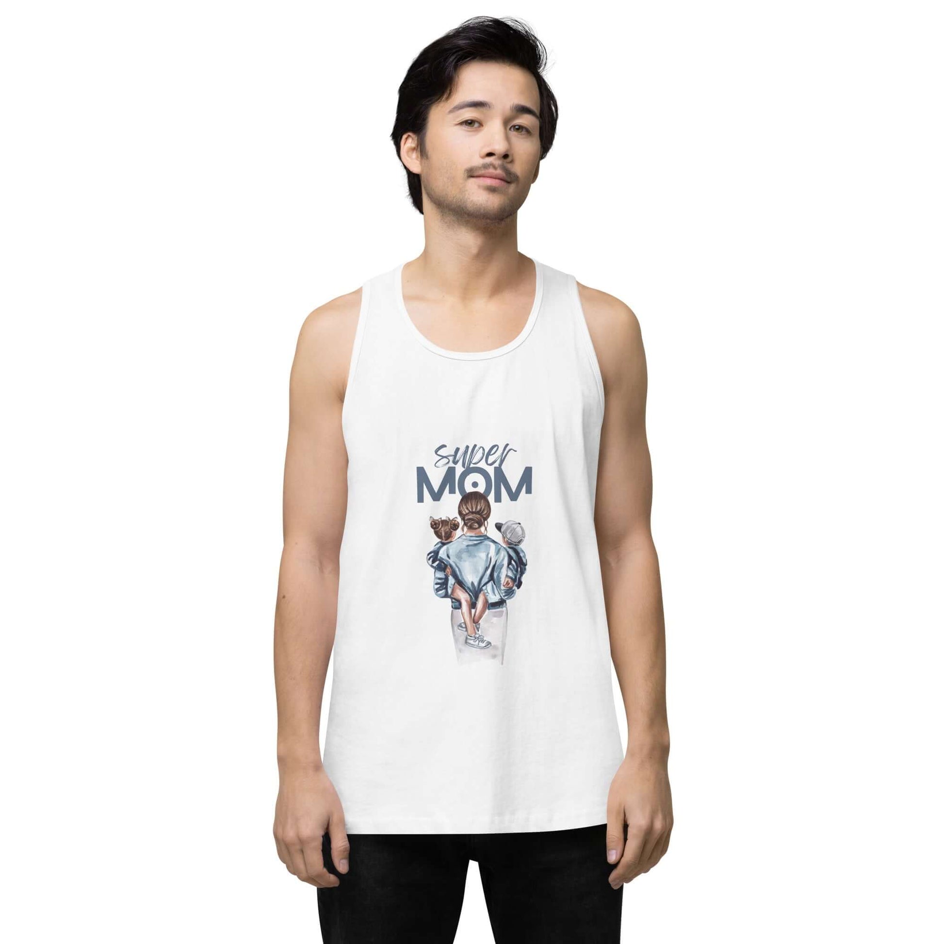 Men’s premium tank top featuring a design with 'Super Mom' and two kids, perfect for casual wear.