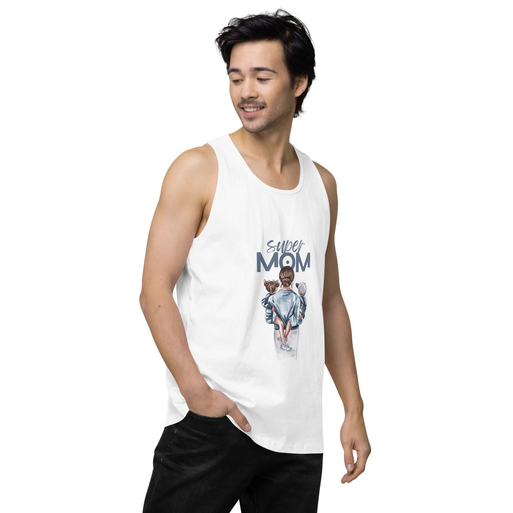 Men’s premium tank top featuring a fun graphic design with text "Super Mom" in a relaxed fit.