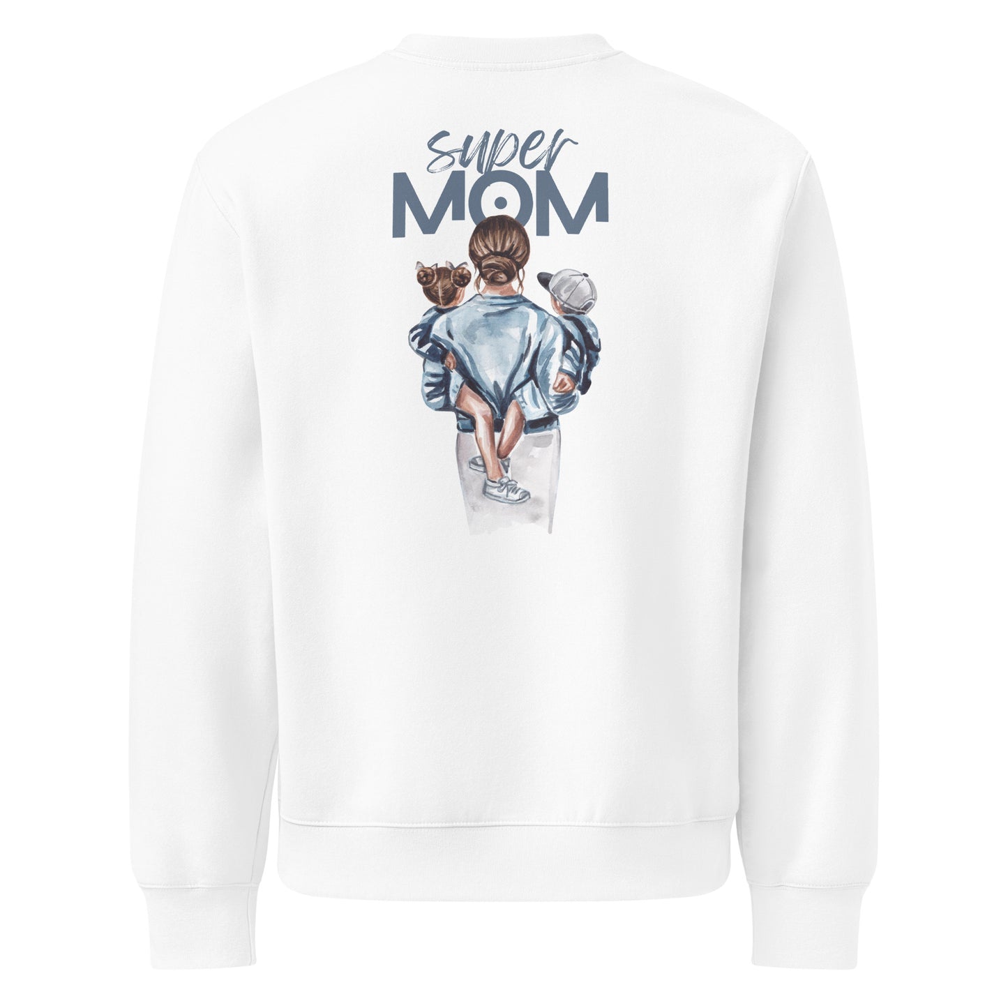 Oversized heavyweight sweatshirt with "Super Mom" design and colorful graphic on back.