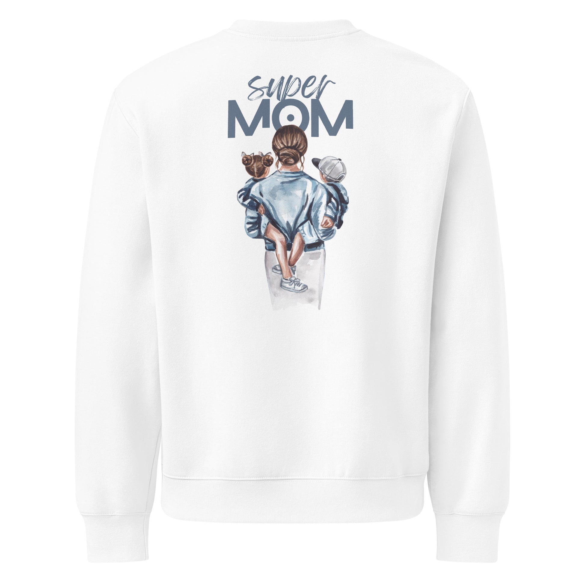 Oversized heavyweight sweatshirt with "Super Mom" design and colorful graphic on back.