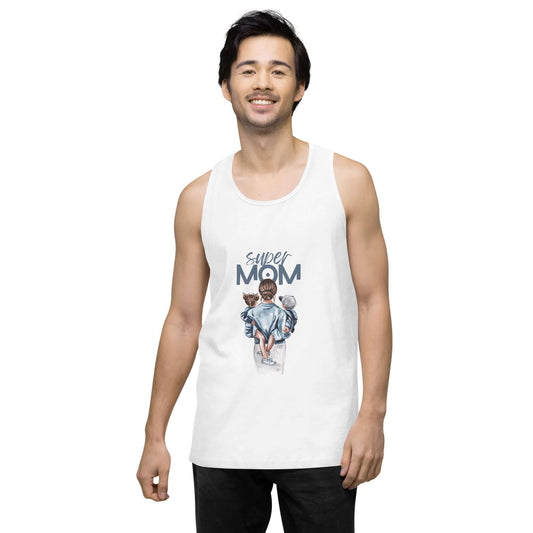 Men’s premium tank top featuring a fun super mom graphic on a model, ideal for casual wear.