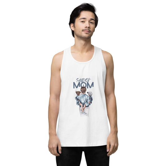 Men’s premium tank top featuring a design with 'Super Mom' and two kids, perfect for casual wear.