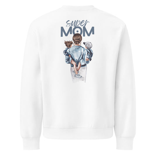 Oversized heavyweight sweatshirt with "Super Mom" design and colorful graphic on back.