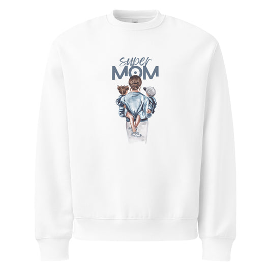 Oversized heavyweight sweatshirt with "Super Mom" graphic design on a white background.